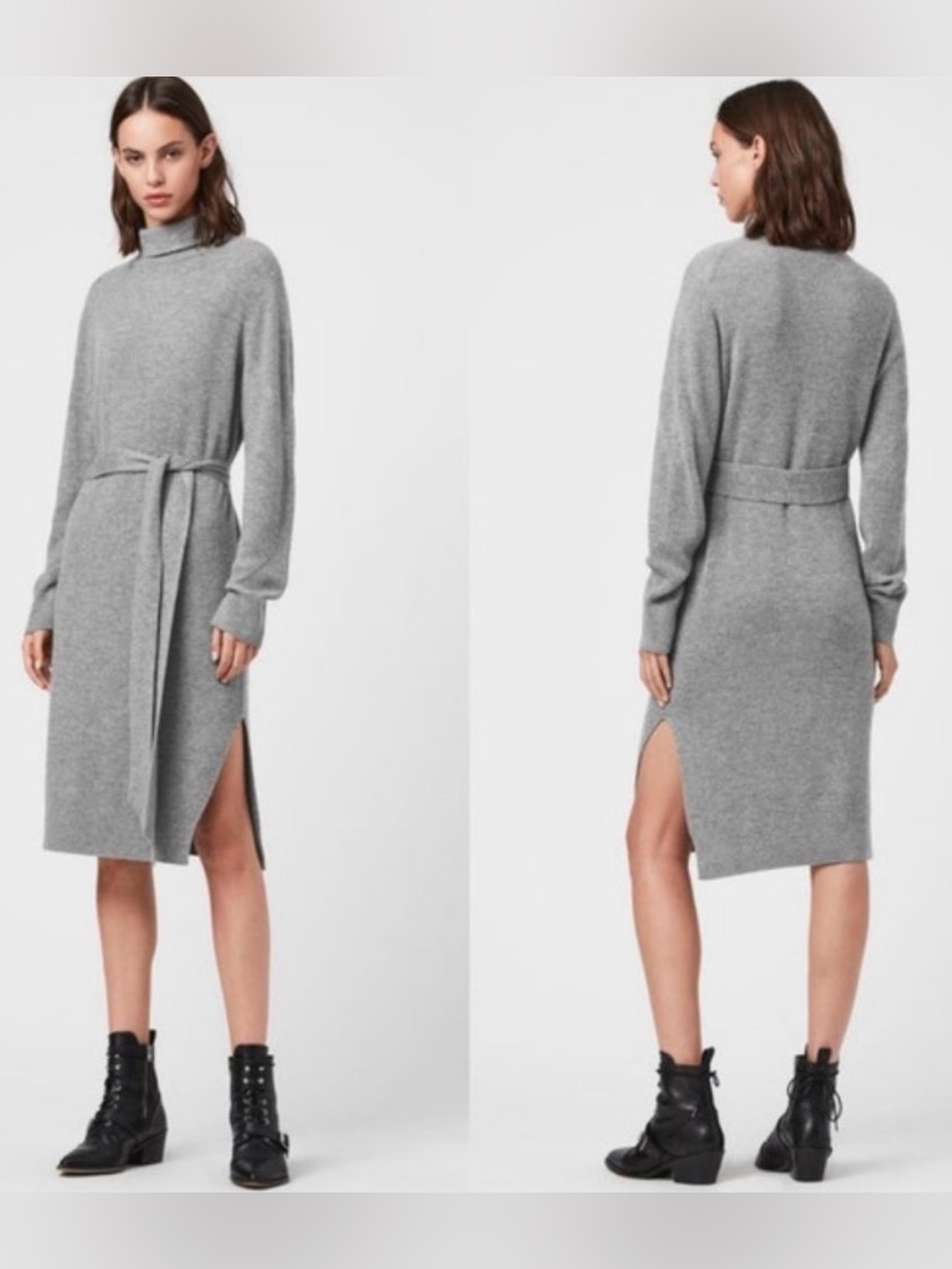 AllSaints Ribbed Turtleneck Belted Long-Sleeve Dress - Gray